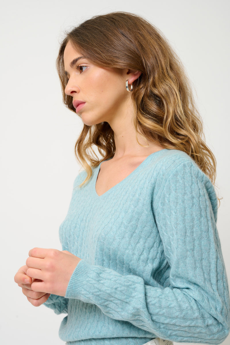 Pull Col V Grasmoor - Aqua Chiné - 100% Cachemire 2 Fils - Femme