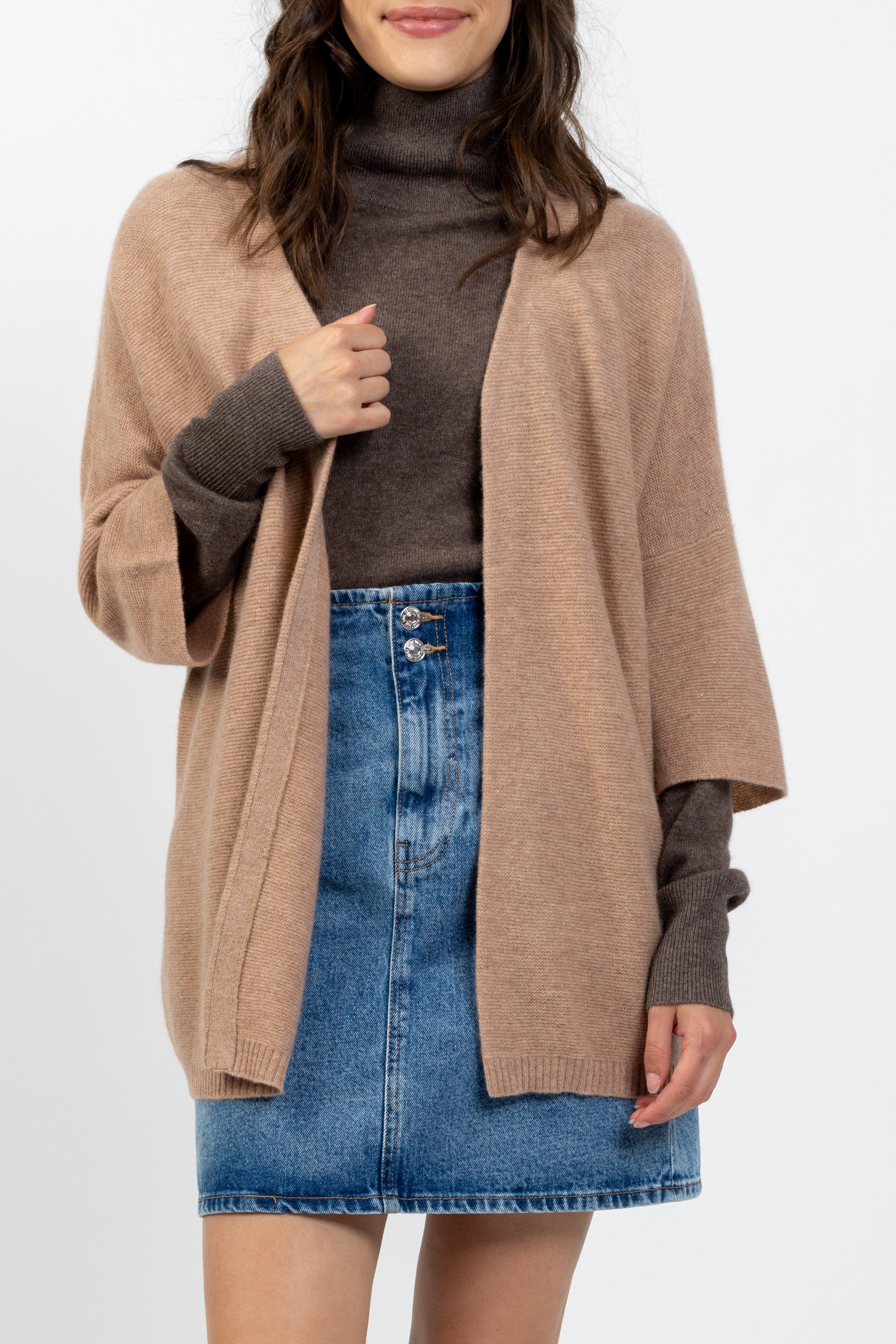 Gilet Ouvert Col V Manches 3/4 Mendip - Camel Chiné - 100% Cachemire 2 Fils - Jersey - Femme