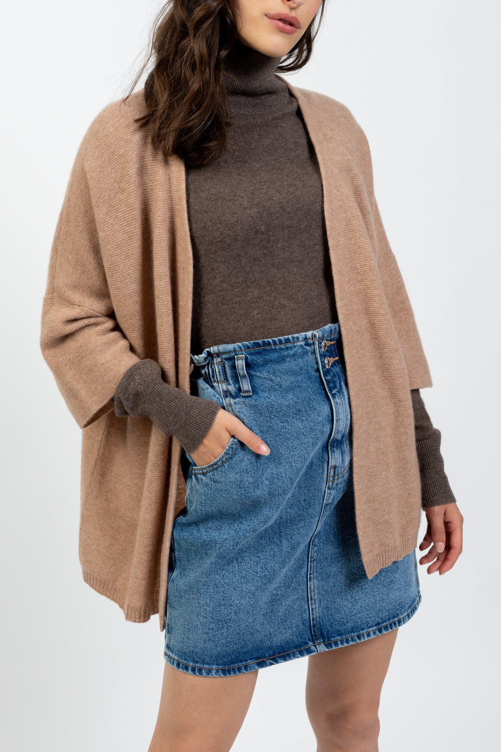 Gilet Ouvert Col V Manches 3/4 Mendip - Camel Chiné - 100% Cachemire 2 Fils - Jersey - Femme