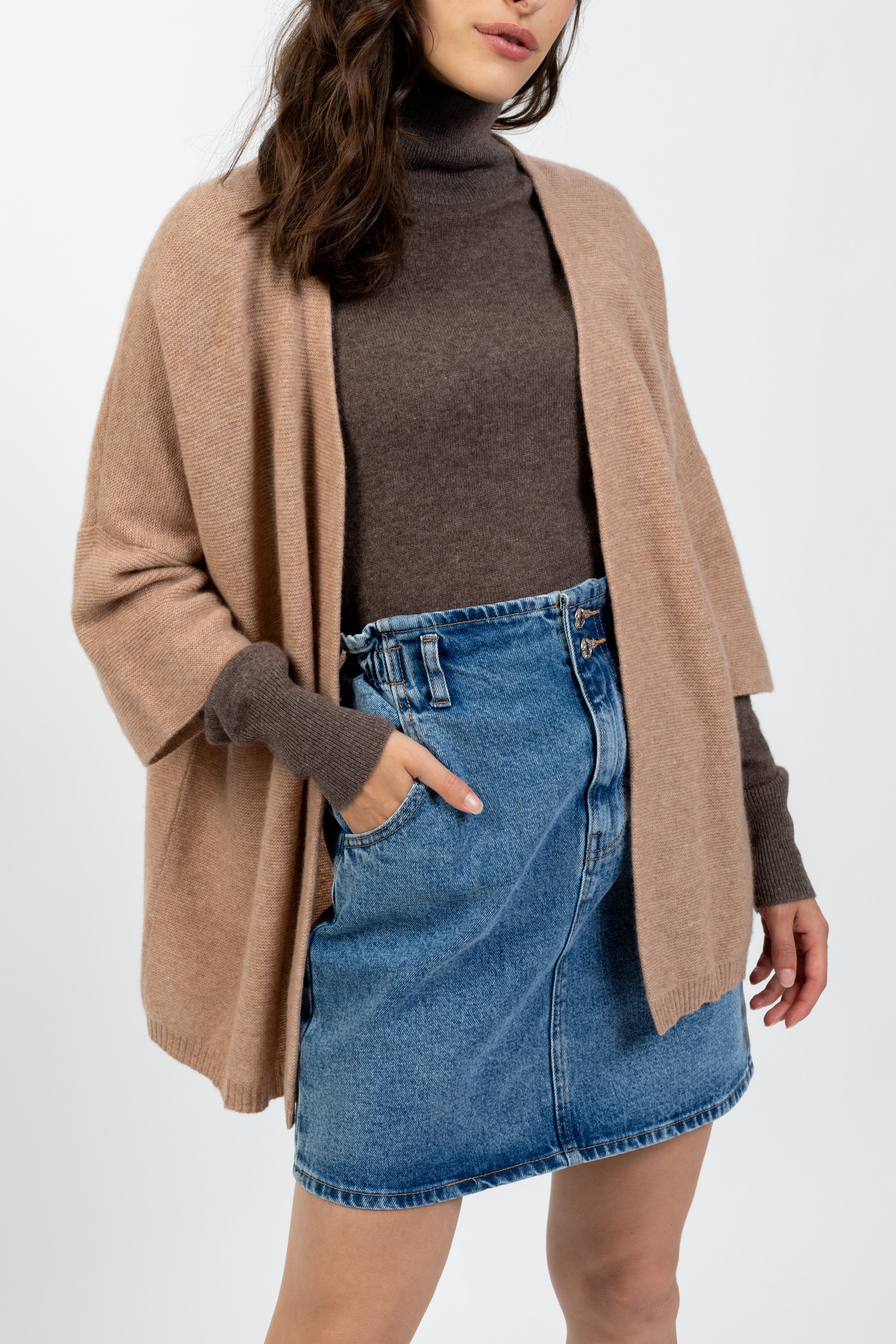 Gilet Ouvert Col V Manches 3/4 Mendip - Camel Chiné - 100% Cachemire 2 Fils - Jersey - Femme