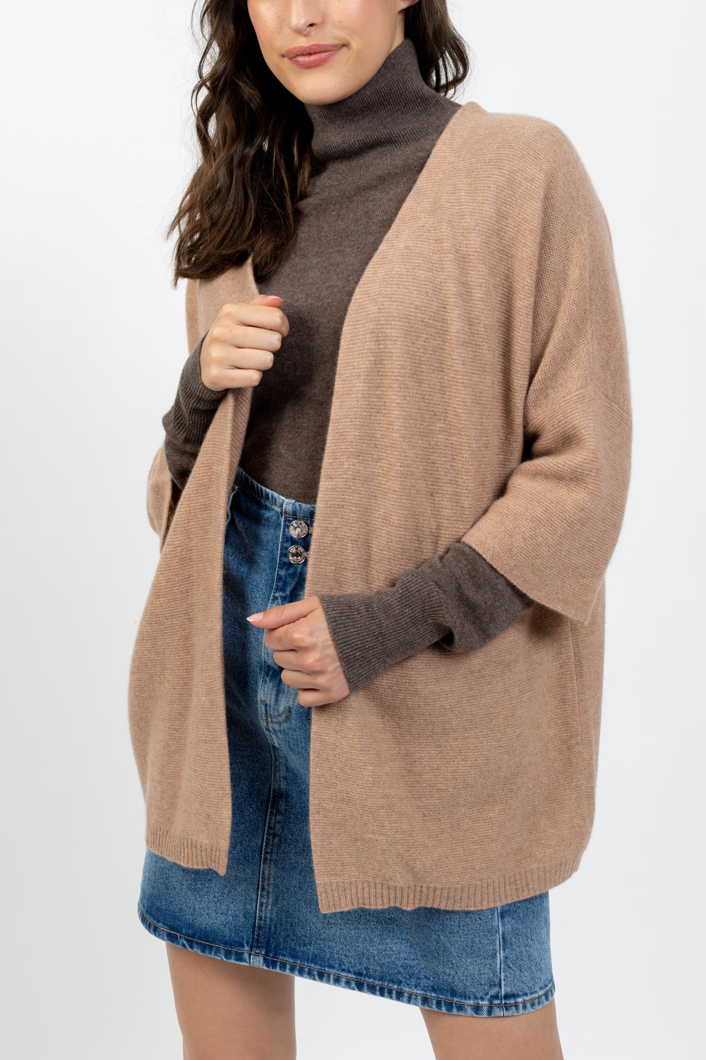 Gilet Ouvert Col V Manches 3/4 Mendip - Camel Chiné - 100% Cachemire 2 Fils - Jersey - Femme
