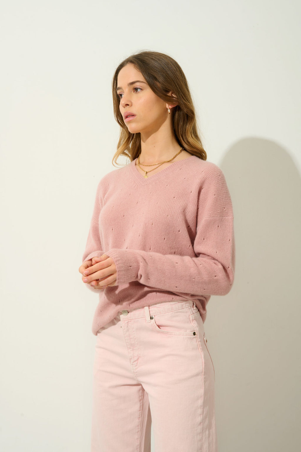 Jersey Cuello V 4 Hilos - Doty - Rosa Palo