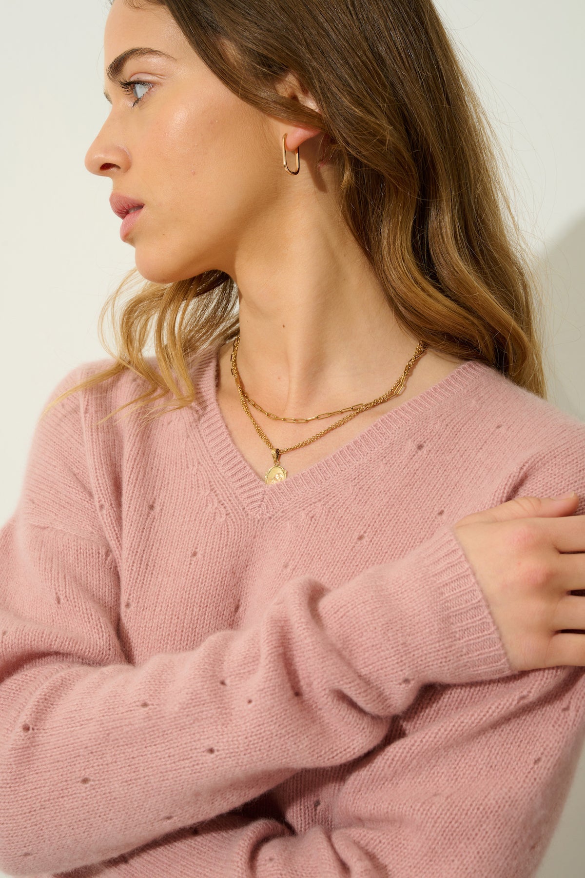 Jersey Cuello V 4 Hilos - Doty - Rosa Palo