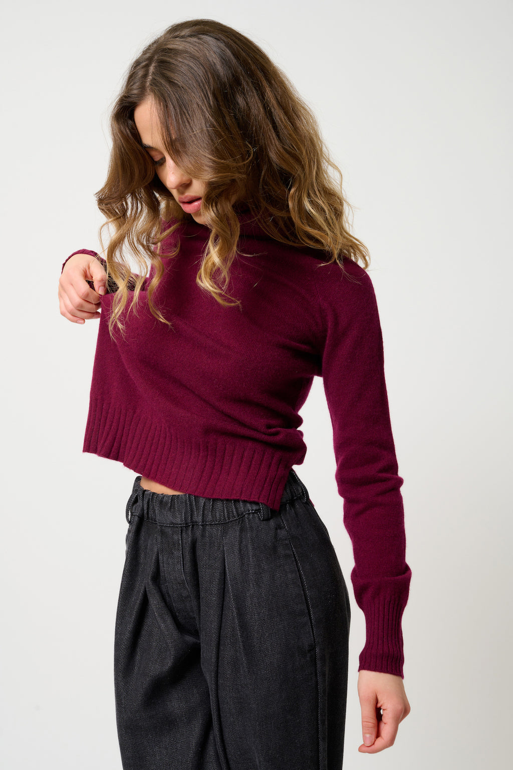 Jersey de Cuello Vuelto Cassy - Burdeos - 100% Cachemira 2 Hilos - Mujer