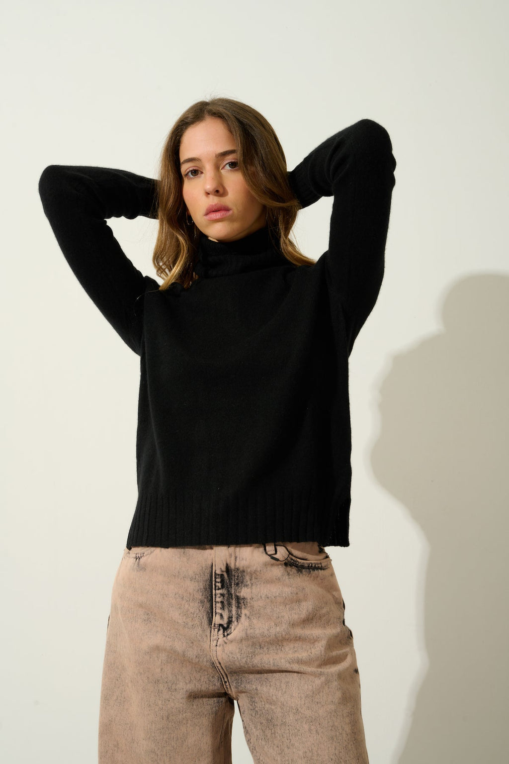 Jersey de cuello alto - 100% cachemira de 2 hilos - Negro - Mujer