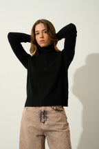Jersey de cuello alto - 100% cachemira de 2 hilos - Negro - Mujer