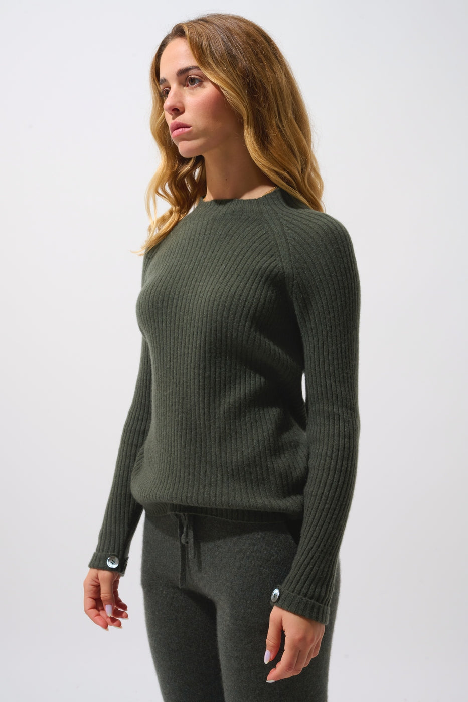 Pull Col Montant Boutons Poignets - Assia - Kaki