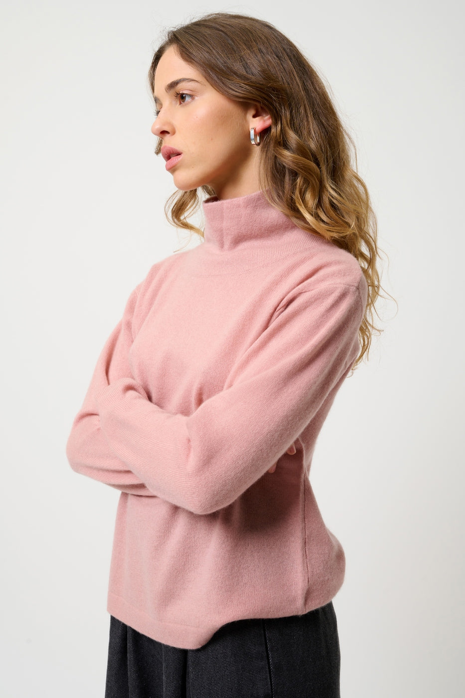 High-Neck Cable Knit Jumper - Cheviot - Rosewood