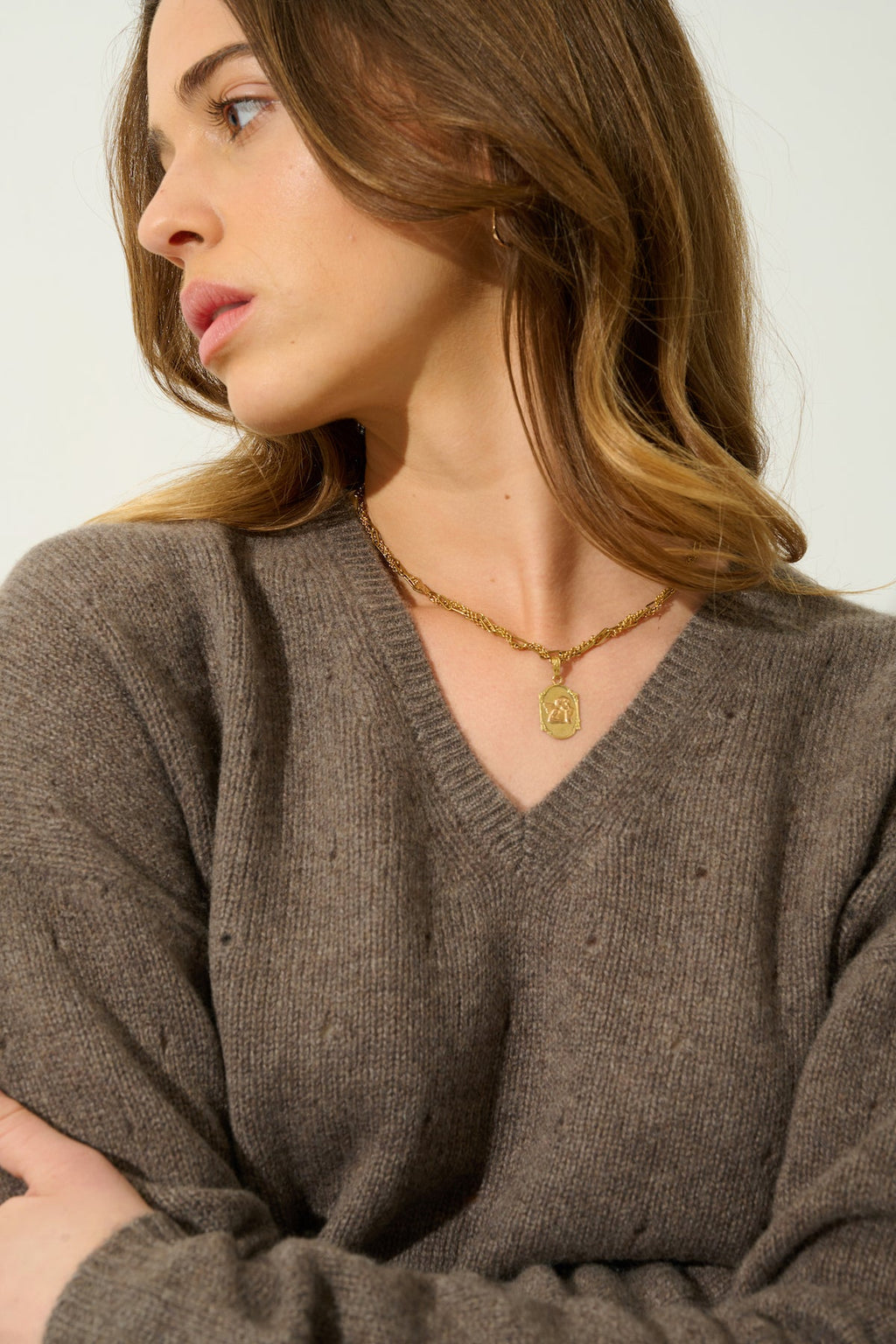 Jersey Cuello V - 100% Cachemira 4 Hilos - Taupe Chiné - Mujer