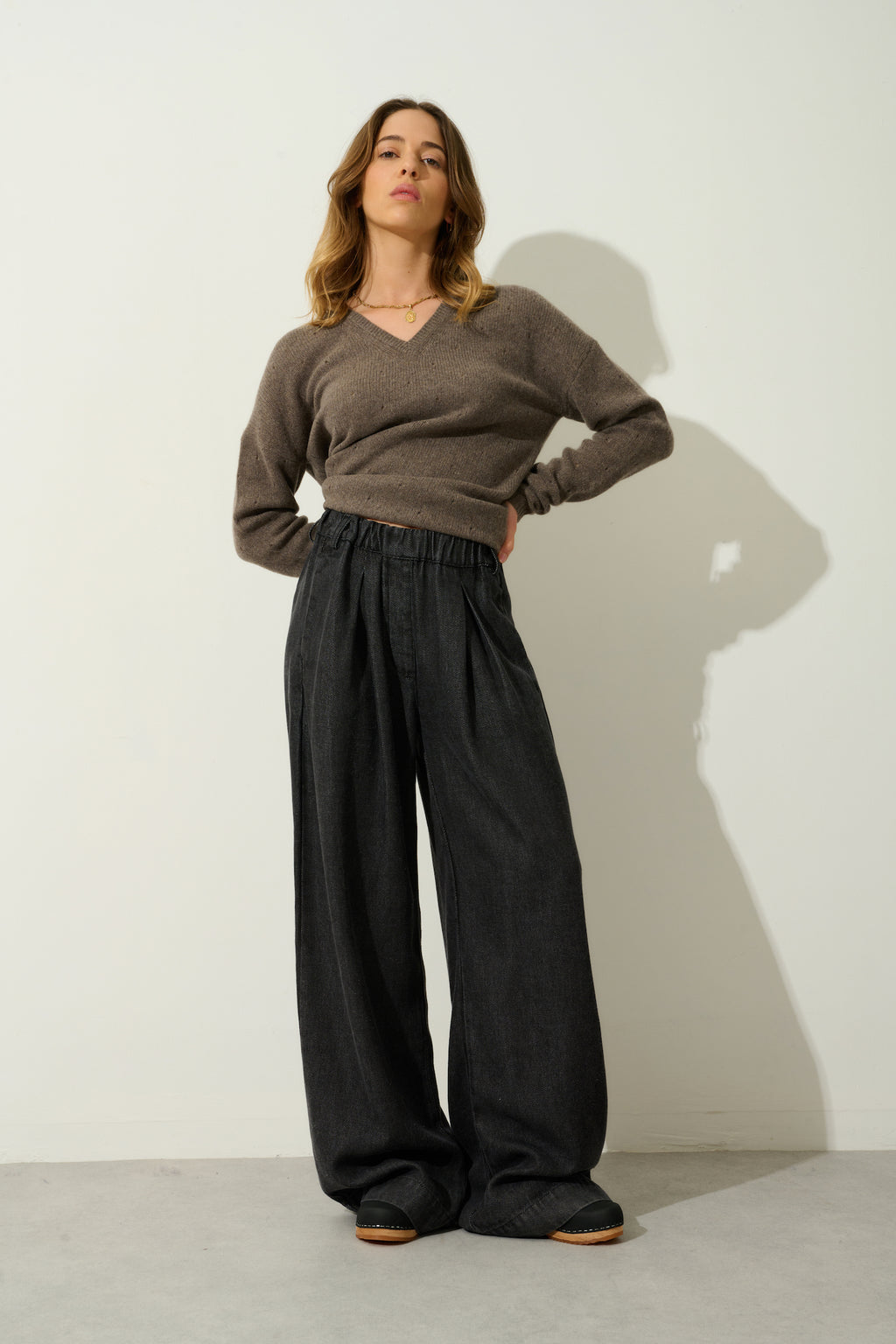 Jersey Cuello V - 100% Cachemira 4 Hilos - Taupe Chiné - Mujer
