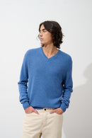 Pull Col V 4 Fils Victor - Bleu Denim - 100% Cachemire 4 Fils - Homme