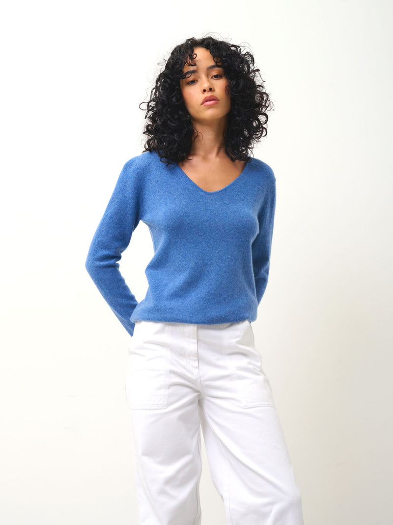 Pull Col V  Galise - Bleu Denim - 100% Cachemire 2 Fils - Femme