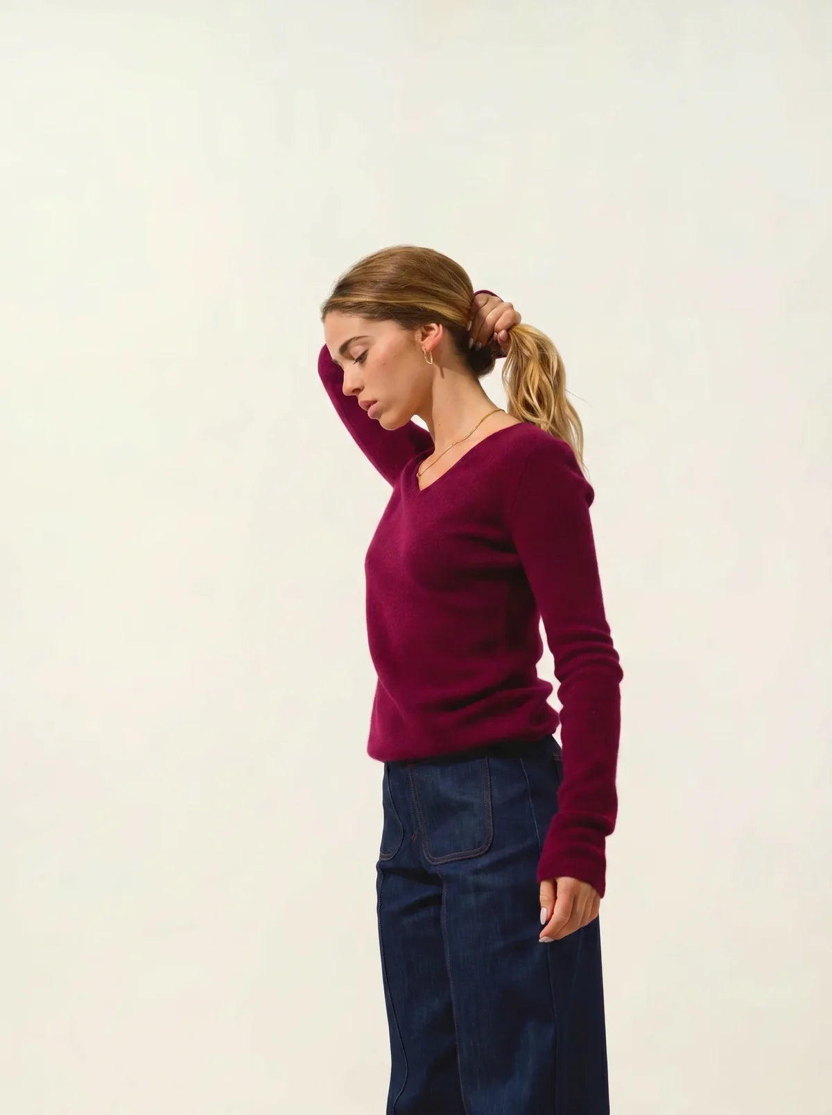 Pull Col V 4 Fils Chelsea - Bordeaux - 100% Cachemire 4 Fils - Femme