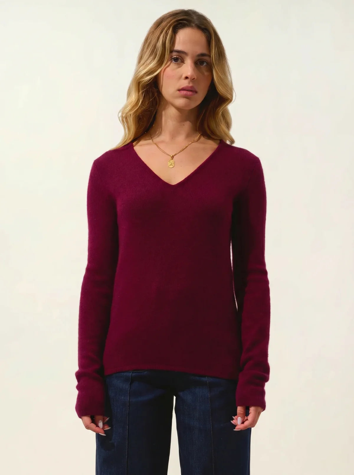 Pull Col V 4 Fils Chelsea - Bordeaux - 100% Cachemire 4 Fils - Femme