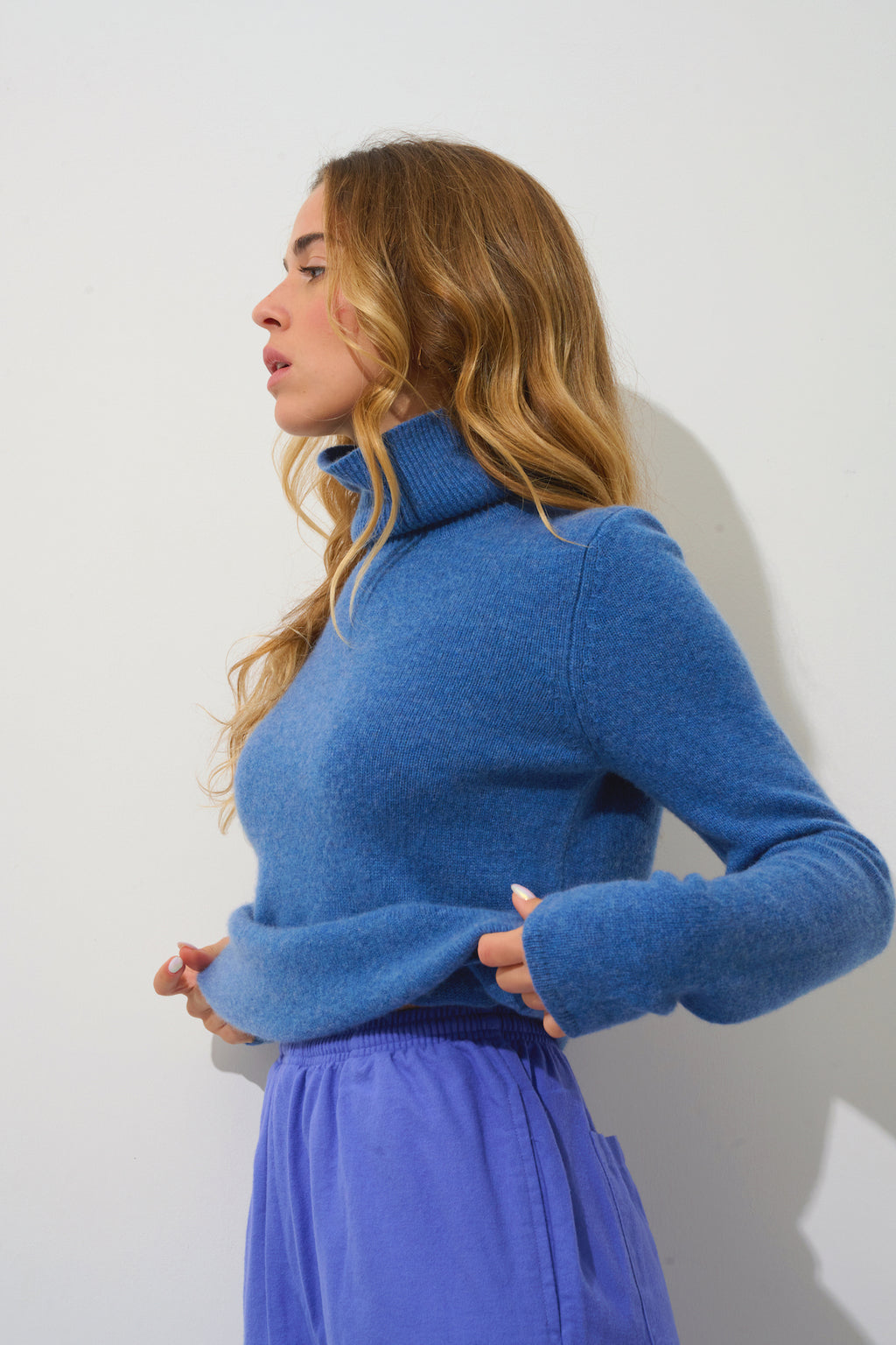 Pull Col Roulé 4 Fils Linda - Bleu Denim - 100% Cachemire 4 Fils