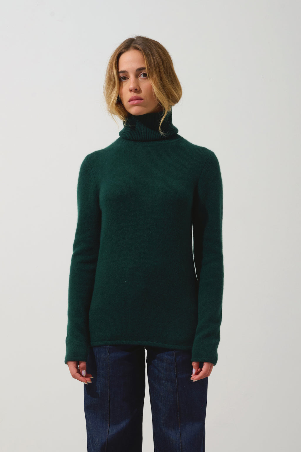 Authentic Cashmere - Jersey de cuello alto de 4 hebras Linda - Ciprés - 100% cachemira de 4 hebras - Mujer