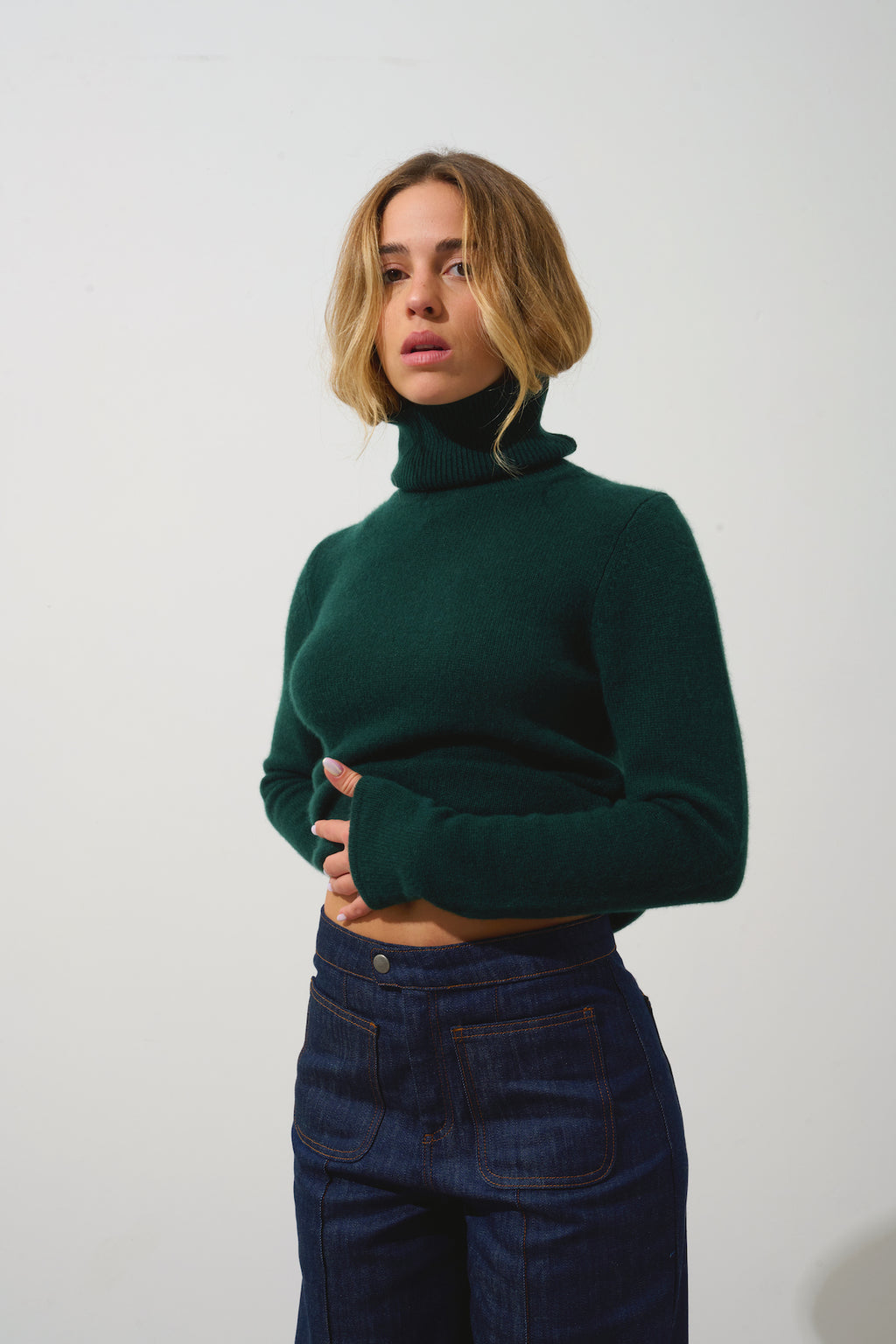 Authentic Cashmere - Jersey de cuello alto de 4 hebras Linda - Ciprés - 100% cachemira de 4 hebras - Mujer