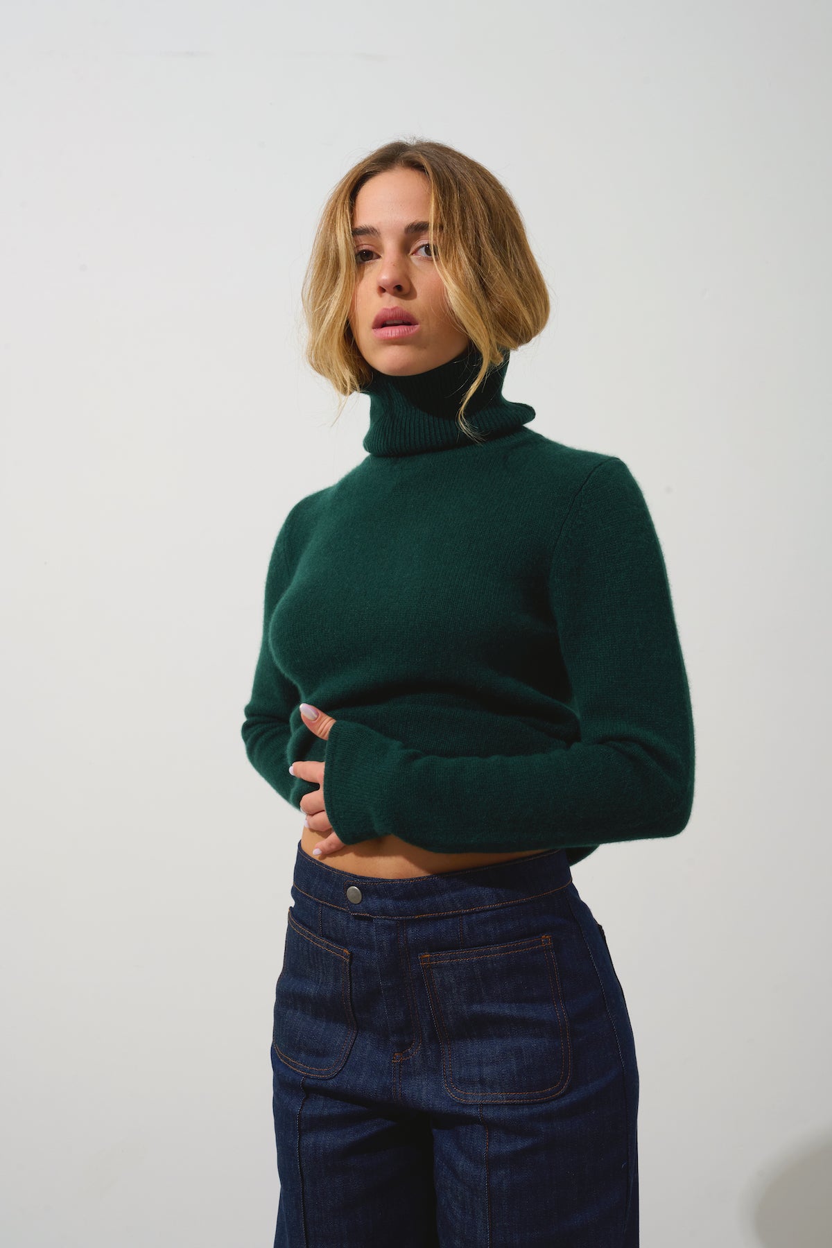 Authentic Cashmere - Jersey de cuello alto de 4 hebras Linda - Ciprés - 100% cachemira de 4 hebras - Mujer