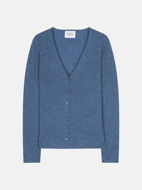 Cardigan Col V Chalais - Bleu Denim - 100% Cachemire 2 Fils - Femme