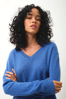 Pull Col V  Gardoria - Bleu Denim - 100% Cachemire 2 Fils - Femme