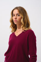 Jersey de cuello en V Gardoria - Burdeos - 100% cachemira de 2 cabos - Mujer