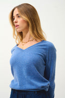 Pull Col V  Giusalet - Bleu Denim - 100% Cachemire 2 Fils - Femme