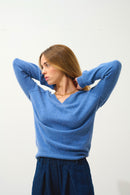 Pull Col V  Giusalet - Bleu Denim - 100% Cachemire 2 Fils - Femme