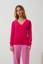 Pull Col V Giusalet - Fuchsia - 100% Cachemire 2 Fils - Femme