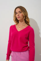 Pull Col V Giusalet - Fuchsia - 100% Cachemire 2 Fils - Femme