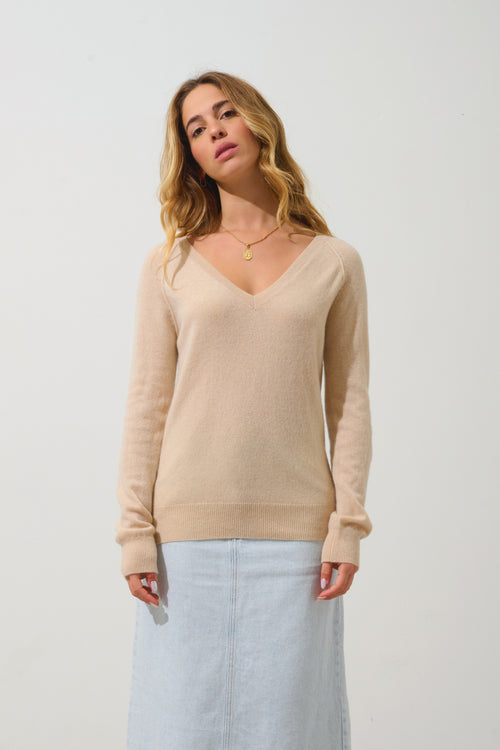 Pull Col V  Giusalet - Sable - 100% Cachemire 2 Fils - Femme