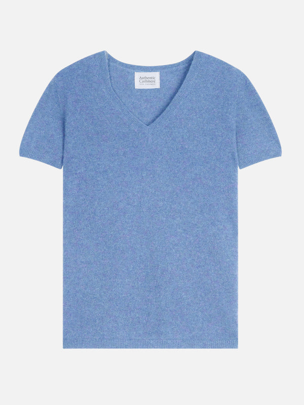 T-Shirt Col V Kali - 100% Cachemire, 2 Fils - Sky