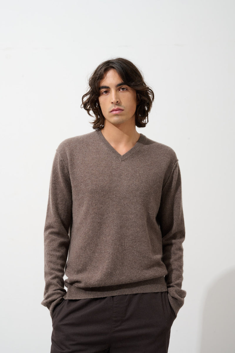 Pull Col V  Timeo - Taupe Chiné - 100% Cachemire 2 Fils - Homme