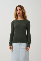 Sweter z okrągłym dekoltem z 4-nitkowego kaszmiru Ivy - Khaki - 100% kaszmir 4-nitkowy