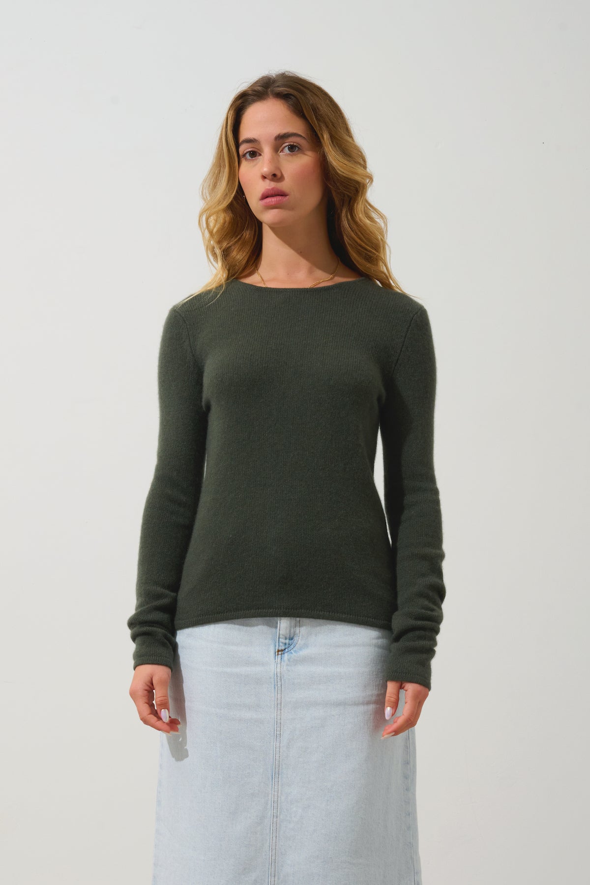 Sweter z okrągłym dekoltem z 4-nitkowego kaszmiru Ivy - Khaki - 100% kaszmir 4-nitkowy
