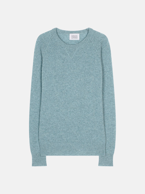 Pull Col Rond Etret - Aqua Chiné - 100% Cachemire 2 Fils - Femme