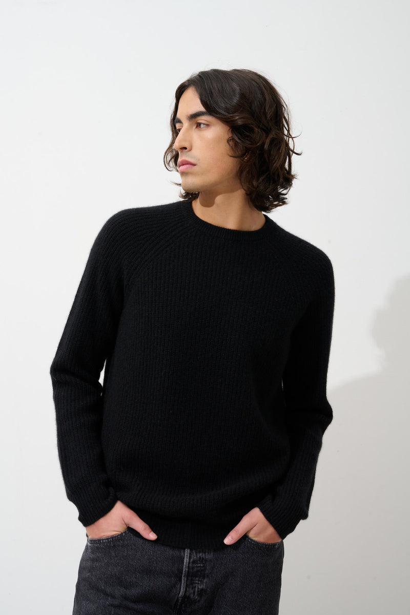 Pull Col Rond 4 Fils Cabanes - Noir - 100% Cachemire 4 Fils - Homme