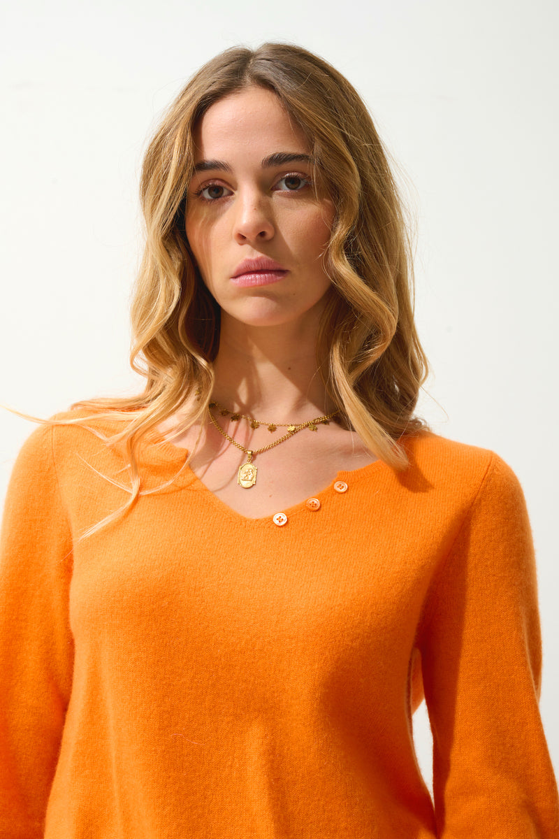 Pull Col Tunisien Bodmin - Mandarine - 100% Cachemire 2 Fils - Femme