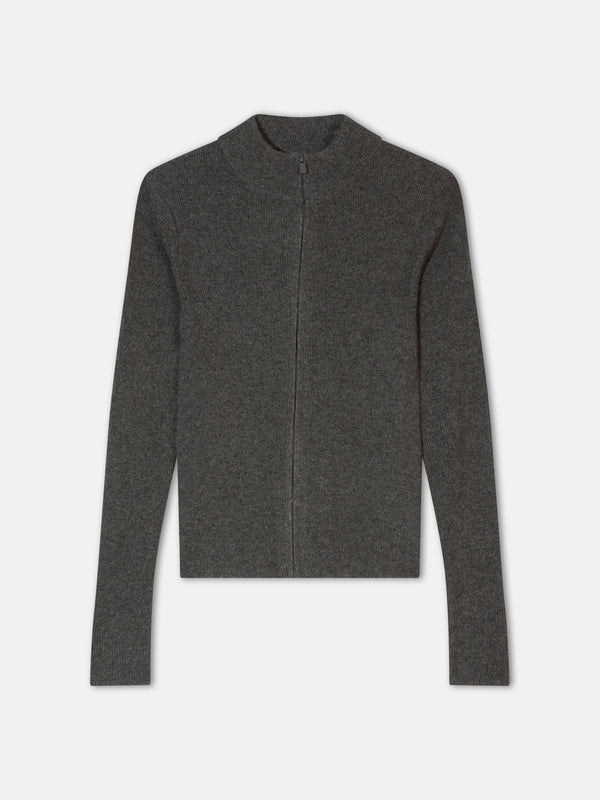 Gilet Zippé Col Montant Alberte - 100% Cachemire, 2 Fils - Anthracite Chiné