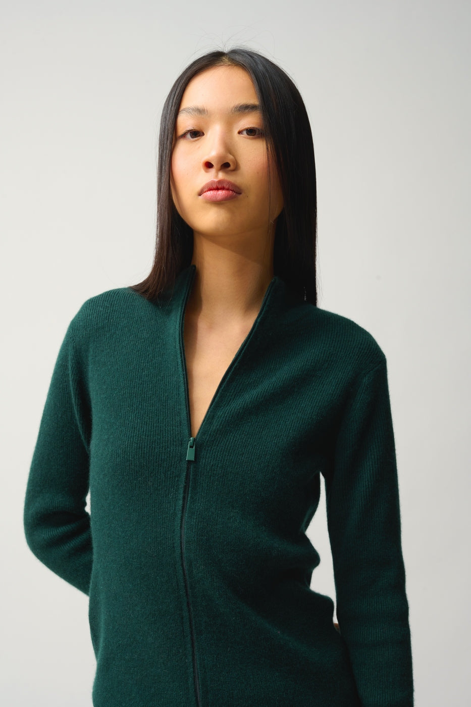 Zip-Up Stand Collar Cardigan - Alberte - Cypress