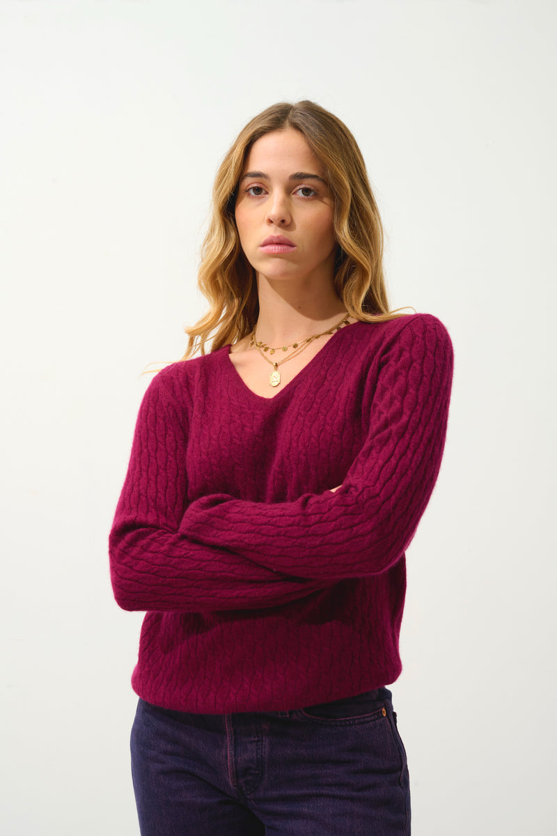 Pull Col V Grasmoor - Bordeaux - 100% Cachemire 2 Fils - Femme