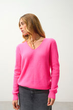 Jersey Cuello en V - 100% Cachemira 2 Hilos - Rosa Fluorescente