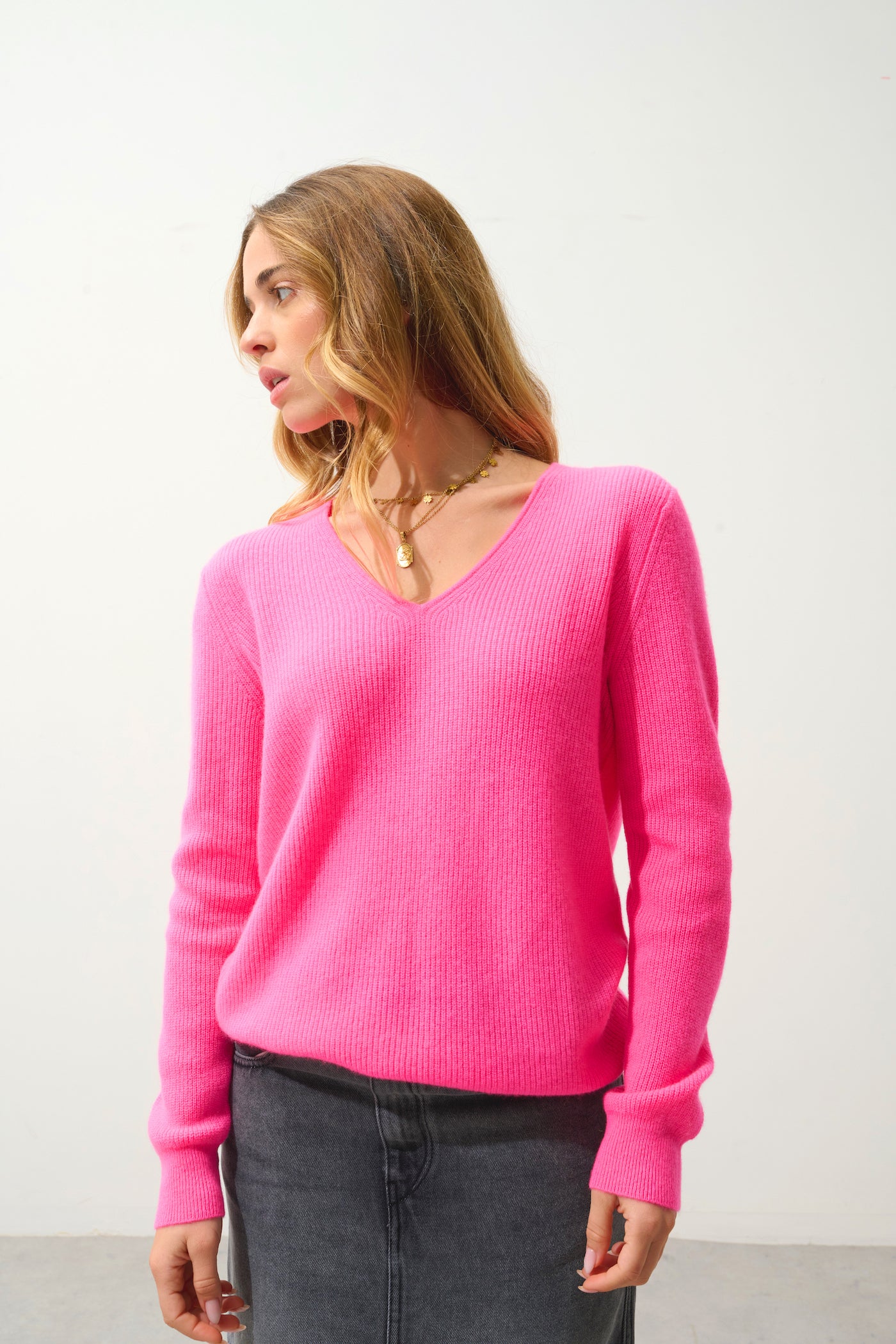 Jersey Cuello en V - 100% Cachemira 2 Hilos - Rosa Fluorescente