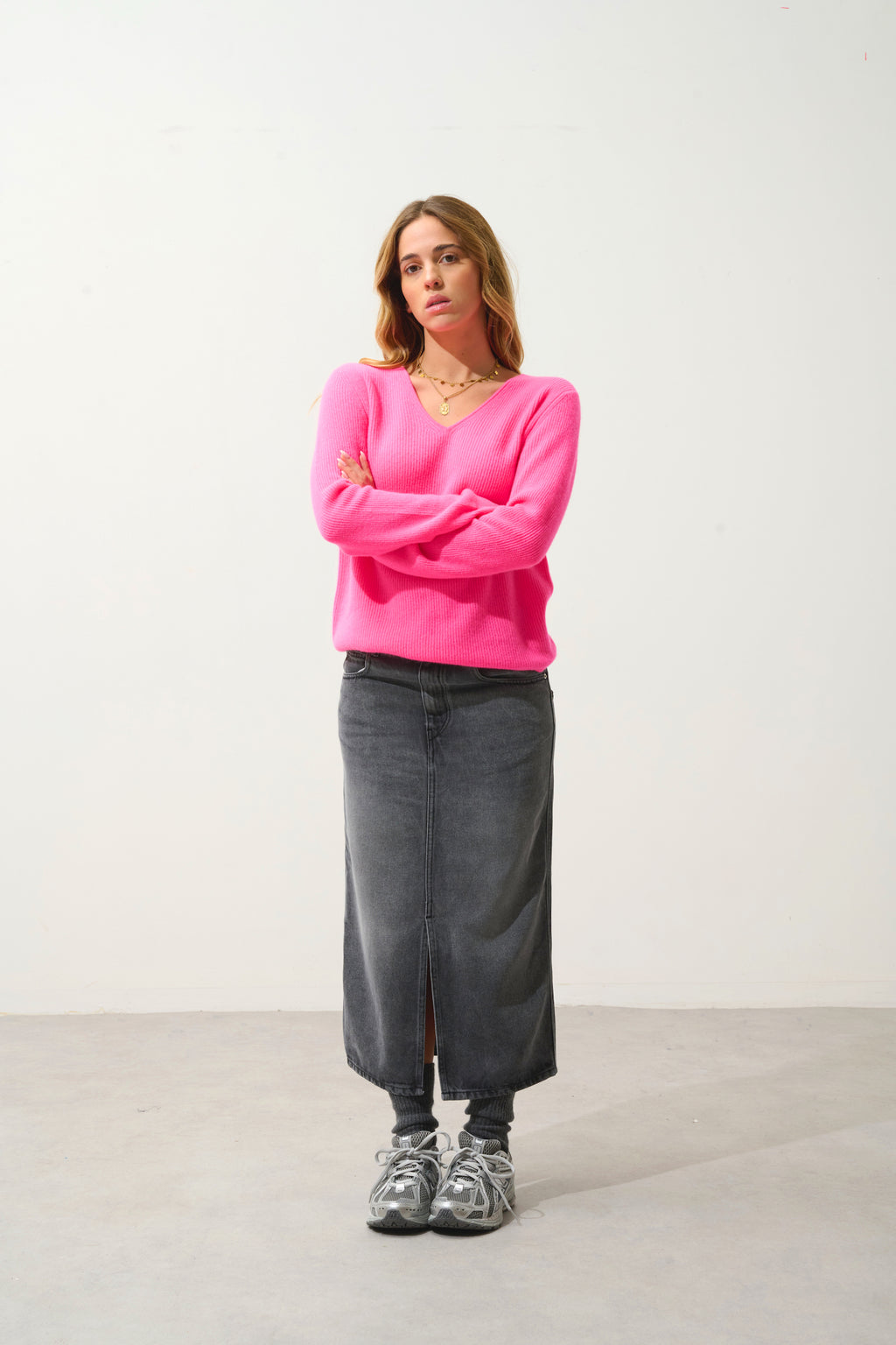 Jersey Cuello en V - 100% Cachemira 2 Hilos - Rosa Fluorescente