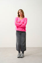 Jersey Cuello en V - 100% Cachemira 2 Hilos - Rosa Fluorescente
