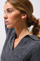 4-Thread Open Polo Collar Sweater - Elysandra - Anthracite Heather