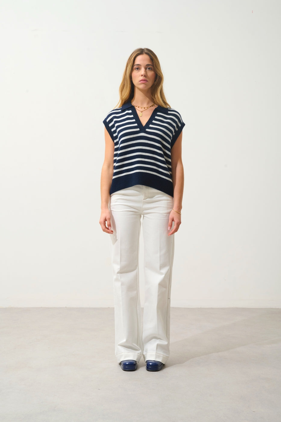 Pull Col Polo Ouvert Sans Manches 4 Fils Bi-Color - Felina - Fond Navy + Ivoire