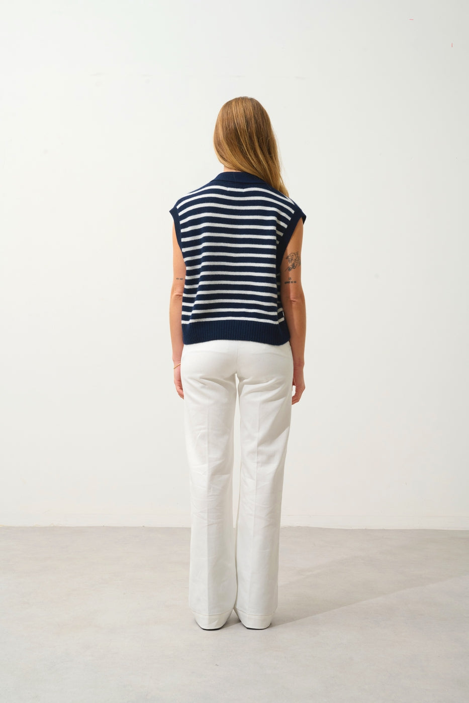 Pull Col Polo Ouvert Sans Manches 4 Fils Bi-Color - Felina - Fond Navy + Ivoire