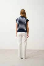 Pull Col Polo Ouvert Sans Manches 4 Fils Bi-Color - Felina - Fond Navy + Ivoire