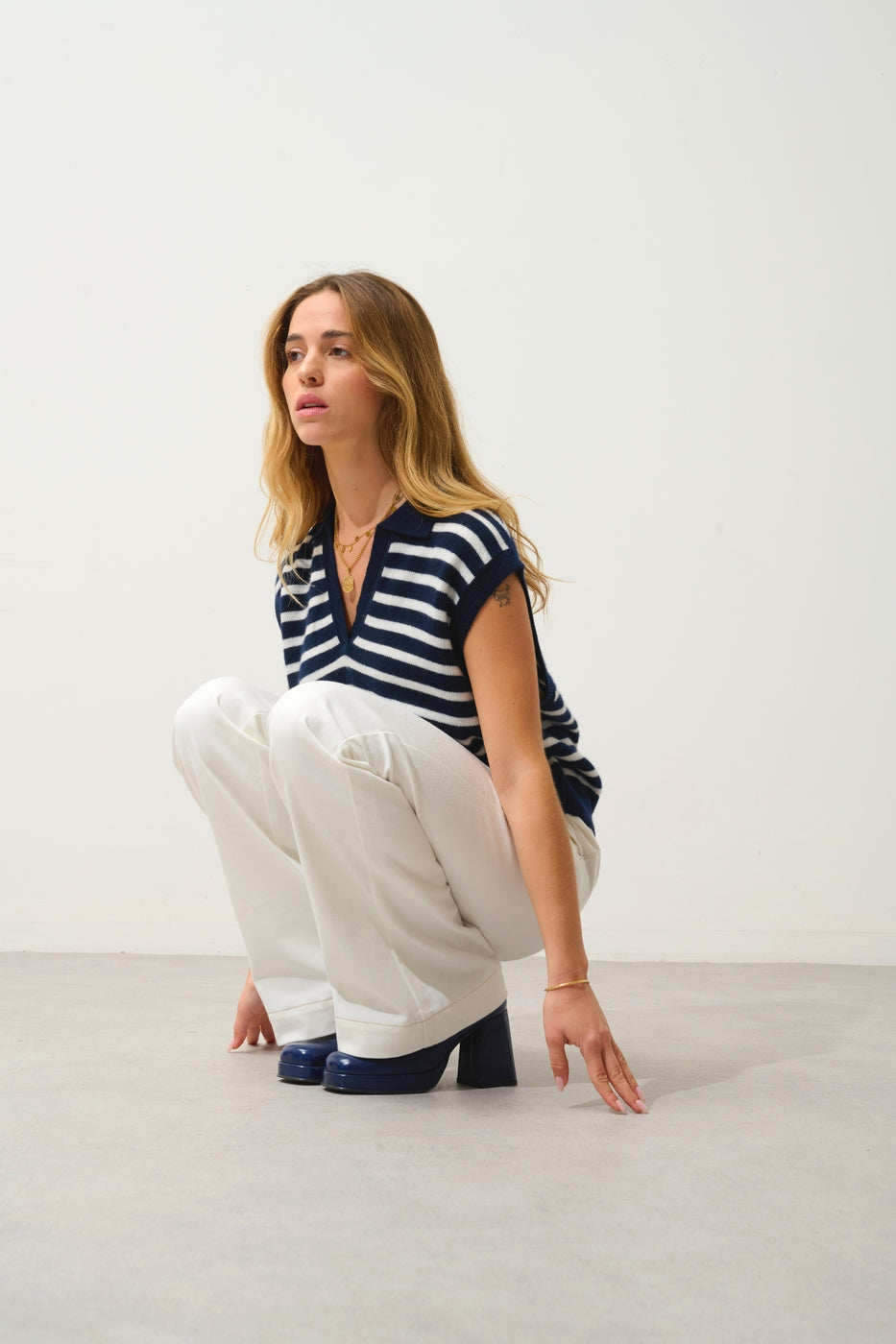 Pull Col Polo Ouvert Sans Manches 4 Fils Bi-Color - Felina - Fond Navy + Ivoire