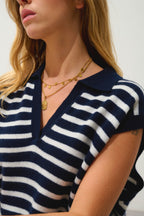Pull Col Polo Ouvert Sans Manches 4 Fils Bi-Color - Felina - Fond Navy + Ivoire